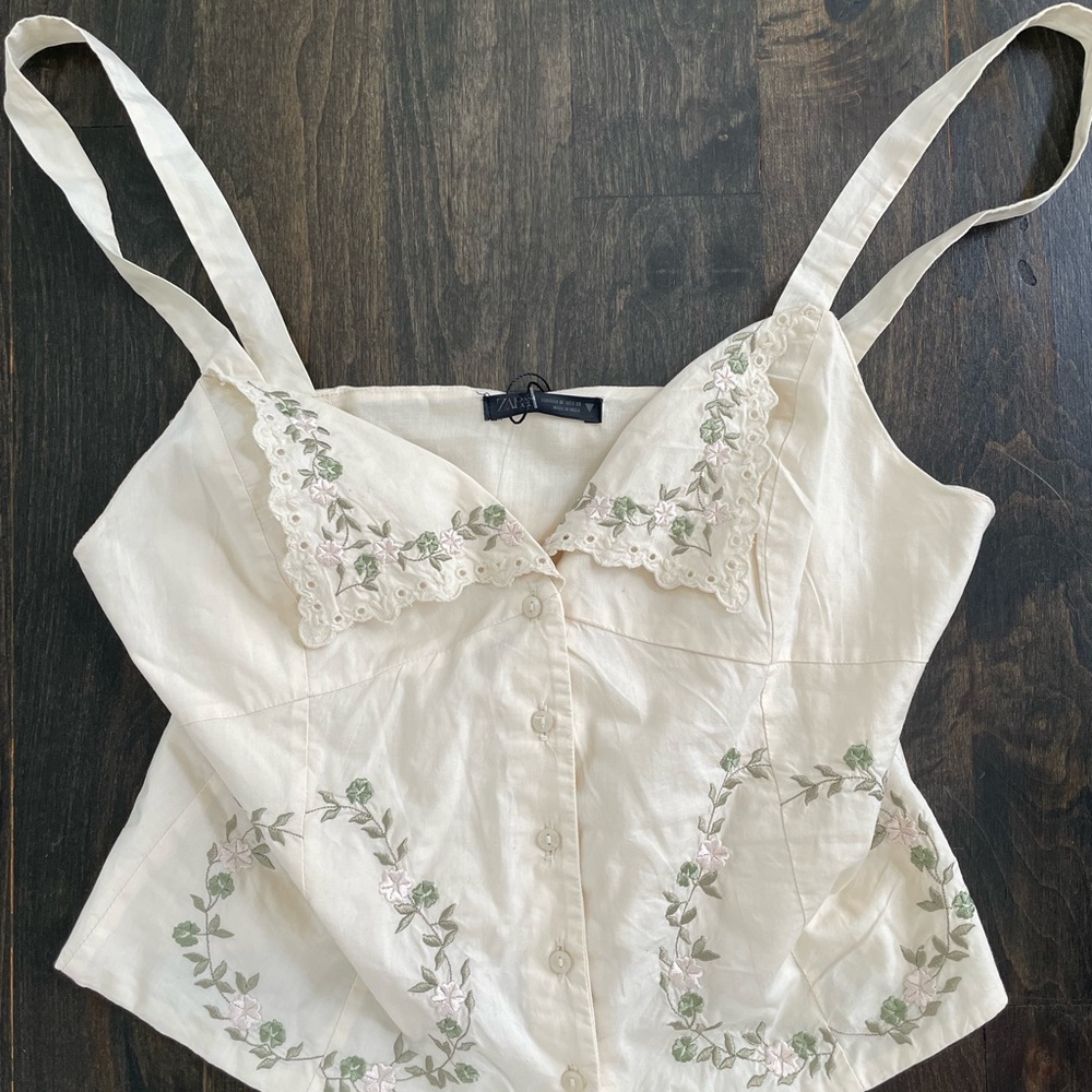 Zara Embroidered Cream Floral Linen Cami Top